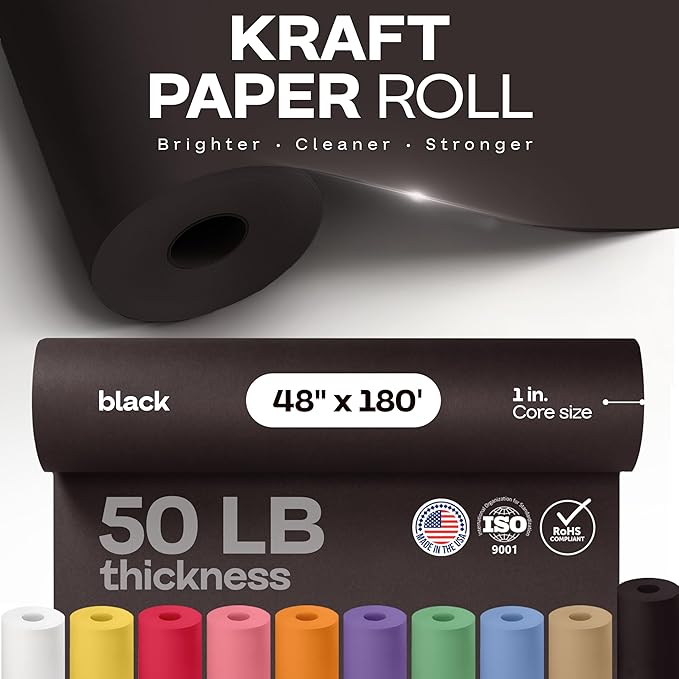 Black Paper Roll 48" x 2160" (180 feet) - USA-Made 50lb Thick Kraft Paper for Packing, Moving, Shipping, Wrapping, Crafts, Arts, Birthday Party - 100% Recycled Gift Wrap Material by IDL Packaging