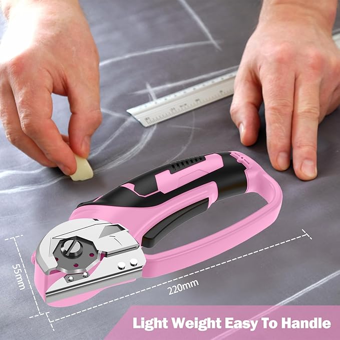 Cordless Electric Scissors, 4V Box Cutter & Cardboard Cutter with 2 Titanium Blades - Rotary Cutter with LED Light for Fabric, Leather, Carpet, Plastic, Crafting + Storage Case (Pink)