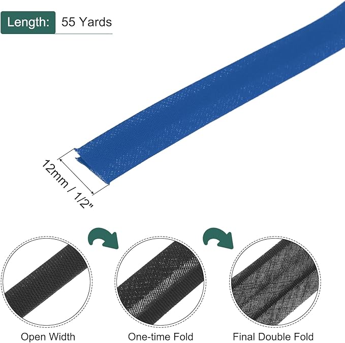 MECCANIXITY 1/2 Inch Double Fold Bias Tape Polyester Continuous Bulk Bias Tape for Sewing,Seaming Quilting Hemming Binding Crafts (Dark Blue 55 Yards)