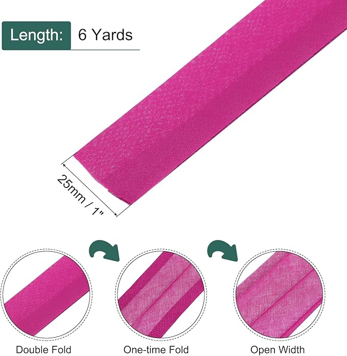 MECCANIXITY 1 Inch Double Fold Bias Tape Continuous Bulk Cotton Bias Tape for Sewing Seaming Quilting Hemming Binding Crafts (Rose Red 6 Yards)