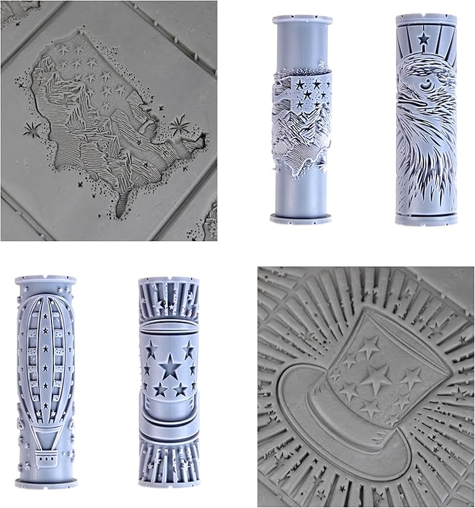 Stars & Stripes Collection Clay Texture Rollers 4-Pack (4") - America Set #01 - Embossing Pattern Rollers for Polymer & Ceramic Clay, Pottery & Crafts