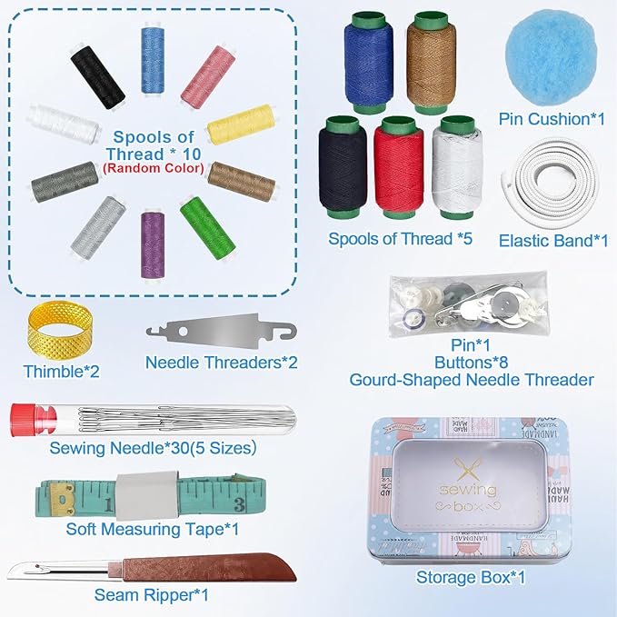 62Pcs Steel Needles for Hand Sewing, Big Eye Steel Sewing Needles Kit with Case, Portable DIY Craft Kits for Adults, Beginner, Emergency,Home,Travel (Blue)