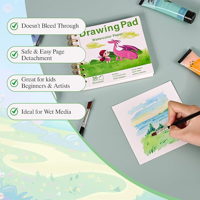2-Pack Elvendreth Water Color Paper Pad 5x5 Inch 30 Sheets Cold Press Paper (140lb/300gsm),Spiral Bound/Tear Line Watercolor Sketchbook for Smaller - Sized Exercises or Travel for Art Drawing Supplie