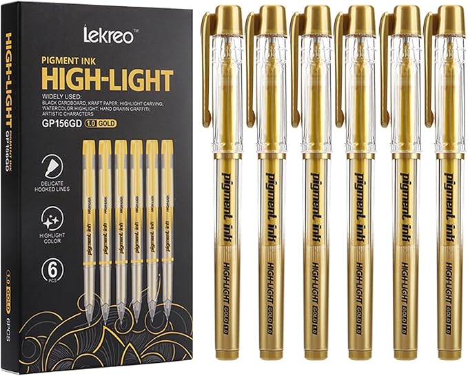 Gold Silver White Ink Gel Pens, 1mm Medium Fine Point, Opaque archival Ink Pen for Dark Paper Drawing,Sketching, Illustration, Card Making, Bullet Journaling (Gold Ink - 6 Packs)