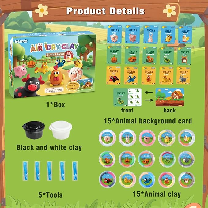 BEIREG Air Dry Clay for Kids - 15Pcs Farm Animals & Vegetables with Tutorial Scence Card, Ultra Soft, Safe Non-Toxic, DIY Modeling Magic Clay, School Projects Party Favors for Boys Girls Ages 3-12