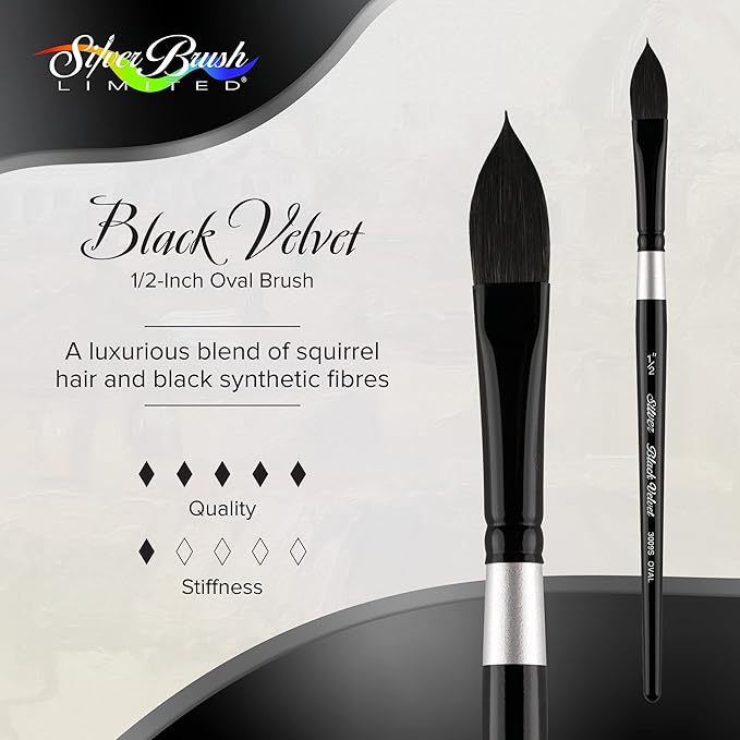 Silver Brush Limited 3009S-1/2 Black Velvet Oval Wash Paintbrush for Watercolor, Gouache, Inks, & Dyes, Size 1/2 Inch, Short Handle