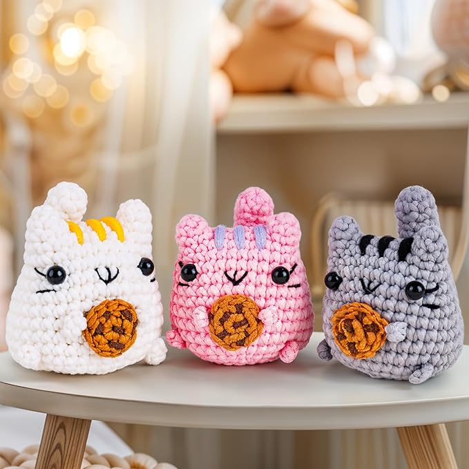 Crochetta Crochet Kit for Beginner, Crochet Starter Kit with Step-by-Step Video Tutorials, Learn Crochet Kits for Adults Women Men Complete Kit Included, 3 Packs Cookie Cat(40%+ Yarn)
