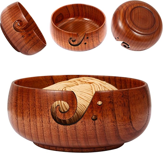 Wooden Yarn Bowl, 8" x 3" Knitting Tool with Holes, Handmade Rounded Edge for Crocheting, Storage Holder for DIY Sewing Supplies