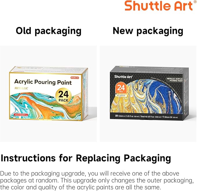 24 Pack Metallic Acrylic Pouring Paint, Shuttle Art 23 Metallic Colors Ready-to-pour Acrylic Paint with 1 Silicon Oil, 60ml/2oz Each, Rich Pigment, High Flow Pouring Paint Set for Canvas, Rock, Ceramic, Wood