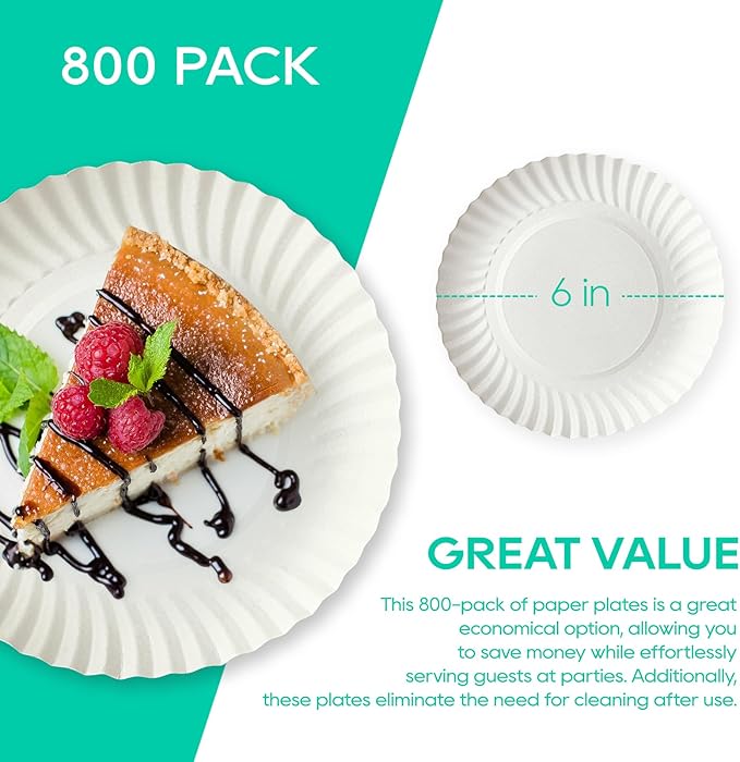 JOLLY PARTY 6 Inch White Paper Plates Uncoated, Everyday Disposable Paper Plates, Light Weight Small Dessert Plates, Round 6" Paper Plate Bulk, 800 Count