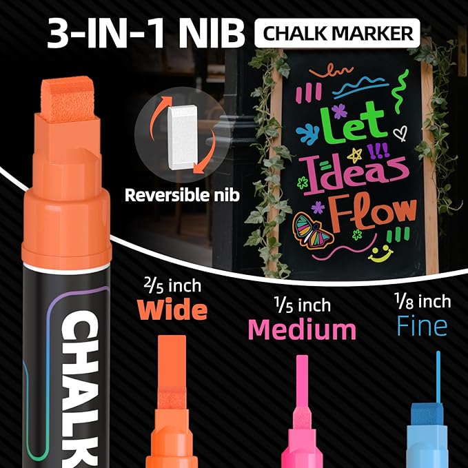 WUO Window Chalk Markers,12 Colors Car Markers,10mm 3-In-1 Jumbo Wide Nib, Dust-Free & Non-Toxic - Erasable Blackboards Marker For Rock Painting, Poster, Stone, Ceramic, Glass