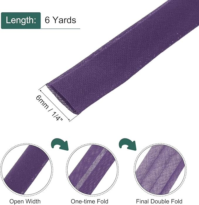 MECCANIXITY 1/4 Inch Double Fold Bias Tape Continuous Bulk Cotton Bias Tape for Sewing Seaming Quilting Hemming Binding Crafts (Dark Purple 6 Yards)
