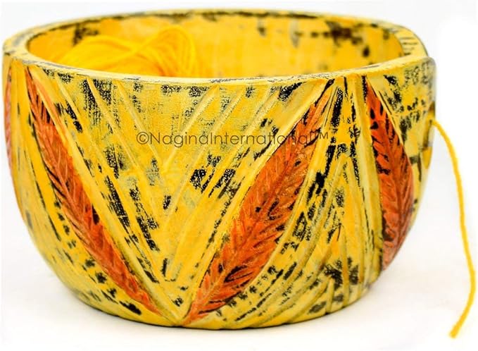 Nagina International Exquisite Premium Yarn Ball Storage Bowls | Hand Painted Lovely Decor Yet Functional Yarn Dispenser (Large (7 x 4 x 7 Inches), Autumn Yellow)