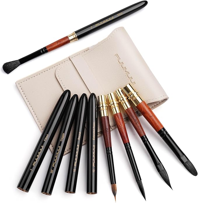 Fuumuui Travel Watercolor Brushes, 5Pcs Professional Plein Air Elegant Natural Squirrel Hair Travel Paint Brush Set with Sable Extended Needle Point Perfect for Watercolor Gouache Ink Painting
