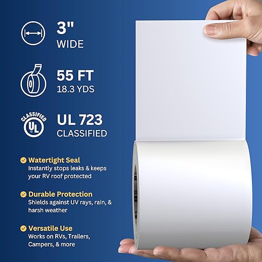 2 Pack Buck RV Roof Sealant Tape – 3 Inch x 55ft, 40 Mil – Waterproof RV Tape for Roof Repair, Seams, Skylights, Vents & Window Leaks on Camper, Trailer & Boat, UV Resistant & Weatherproof, White