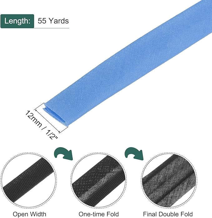 MECCANIXITY 1/2 Inch Double Fold Bias Tape Polyester Continuous Bulk Bias Tape for Sewing,Seaming Quilting Hemming Binding Crafts (Blue 55 Yards)