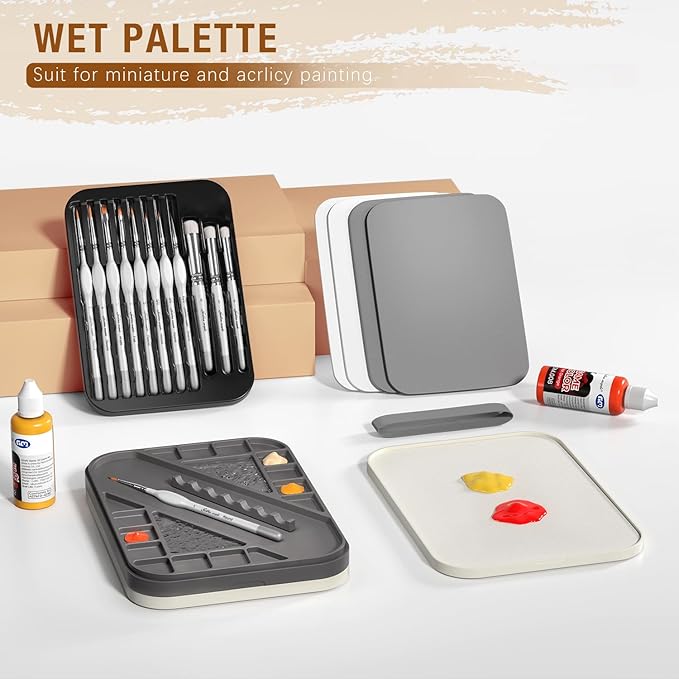 Wet Pallet for Painting Miniatures - Golden Maple 2 in 1 Dry and Wet Palette with Lid, Including 11 Miniature Paint Brushes,100PCS Palette Paper, 4PCS Sponges, Paint Brushes Holders