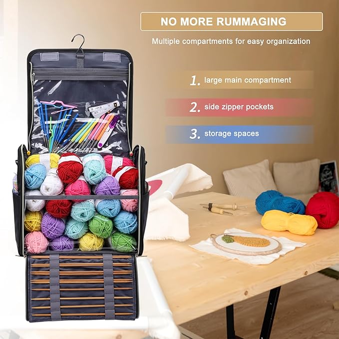 Crochet Bag with Hanging Hook - Portable Yarn Storage Bag, Large Capacity Door Room Essentials Travel Organizer for Crochet Hooks, Crochet Accessories, Black