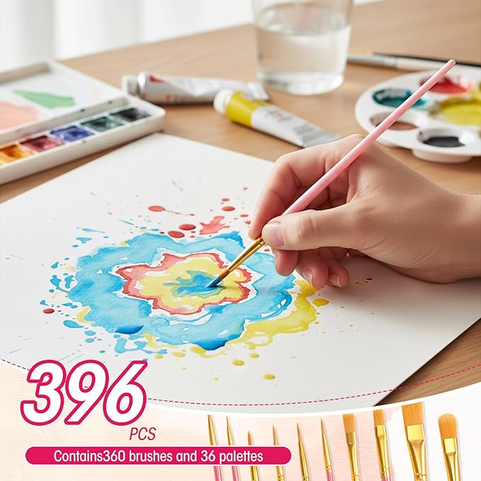 36 Sets Painting Brush Palette, 360 Bulk Paint Brushes and 36 Paint Palette Tray, Nylon Brush Head for Oil, Watercolor, Acrylic Painting, Rock Body Face Art, Party, Adult, Students