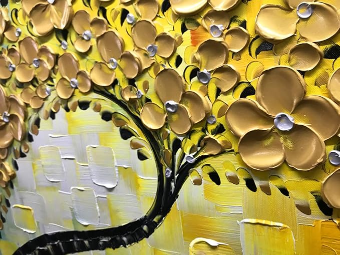 YaSheng Art -100% Hand Painted 3D Golden Flowers Contemporary Art Oil Painting On Canvas Texture Palette Knife Tree Paintings Home Dining Room Living Room Wall Decor Large Abstract Canvas Art Paintings 24x60inch