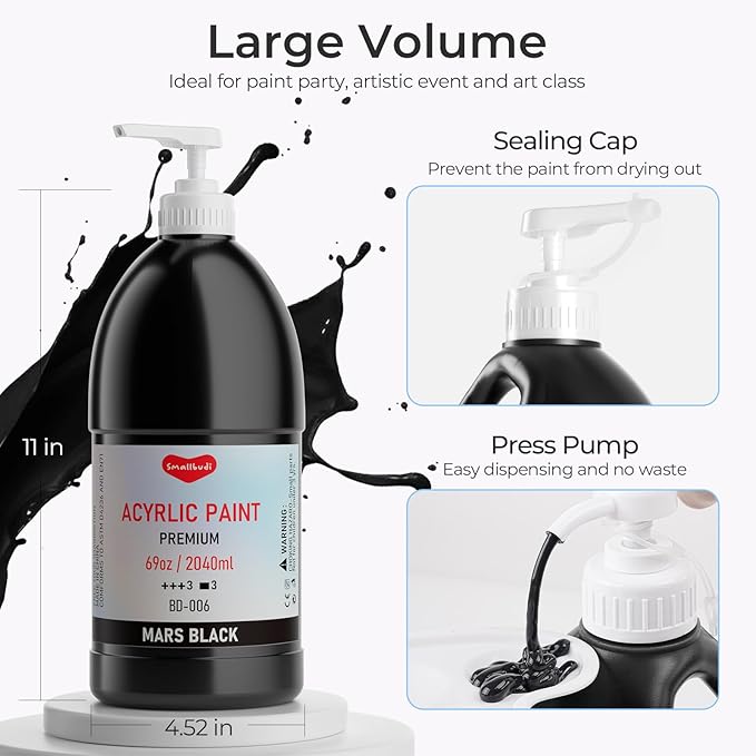Black Acrylic Paint Large Bottle (69oz /2040ml) Rich Pigment Black Paint for Multi Surface Canvas Wood Ceramic Leather Fabric Rock Craft, Non Toxic for Kid & Adult, with Pump & Sealing Cap