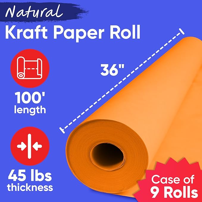 36" x 1200" (100 ft) Orange Kraft Paper (Case of 9 Rolls), 45 lbs Thickness, Kraft Paper for School, Art Colored Paper, Gift Wrapping Paper, Packing Paper for Moving