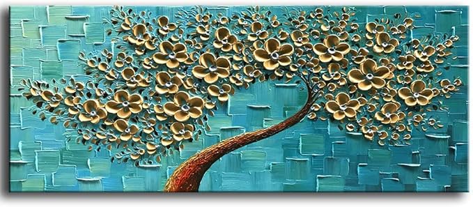 YaSheng Art - 3D Golden Flowers Oil Painting, Oil Painting On Canvas Texture Palette Knife Flowers Tree Paintings Abstract Landscape Artwork Canvas Wall Art Living Room Bedroom Home Decor 24x60inch