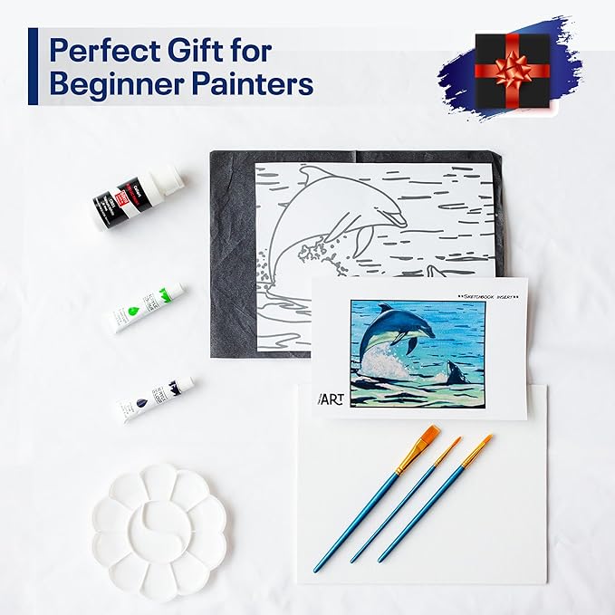 DIY Art Painting Kit for Adults – Learn to Paint Dolphins with Video Tutorials – 9 Pieces Acrylic Paint Set for Adults –Perfect Christmas Crafts & Holiday Gifts for Art Lovers