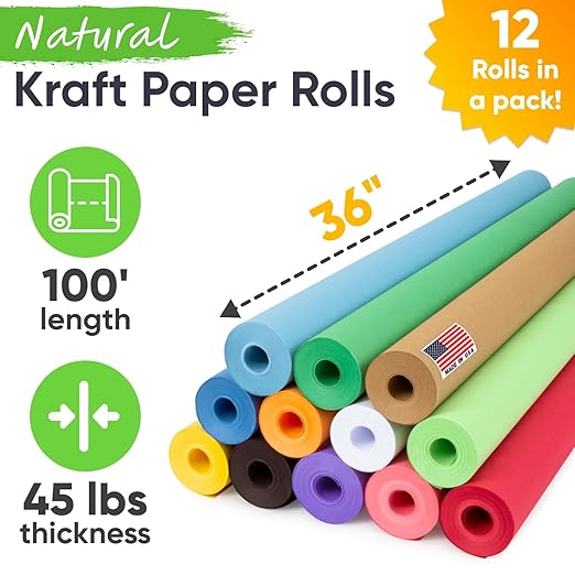 36" x 1200" (100 ft) Pack of 12 Rolls USA Made Multi-Color Kraft Paper, 45 lbs - Colored Paper for Arts and Crafts, DIY Projects, Gift Wrapping, Packing