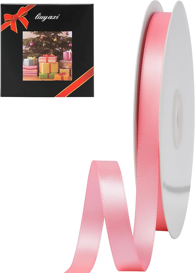 LIUYAXI Pink Stain Ribbon, 1/2" X Continuous 50 Yards, Double Faced Fabric Ribbon Perfect for Gift Wrapping Wedding Christmas Birthday Floral Arrangement Craft