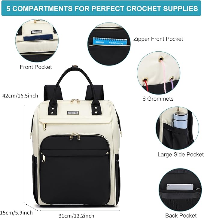 Kuosdaz Crochet Bag Backpack, Large Yarn Storage Crochet Organizer, Christmas Gifts Travel Crochet Backpack for Women, Knitting & Crochet Accessories for Crochet Hooks, Black & White