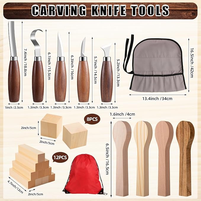 Therwen 27 Pcs Wood Carving Kit, 5 Pcs Wood Carving Tools with Storage Bag, Whittling Kit with 18Pcs Whittling Blocks and 4 pre Shaped Spoon Blanks and Drawstring Carry Bag for Crafts Beginners