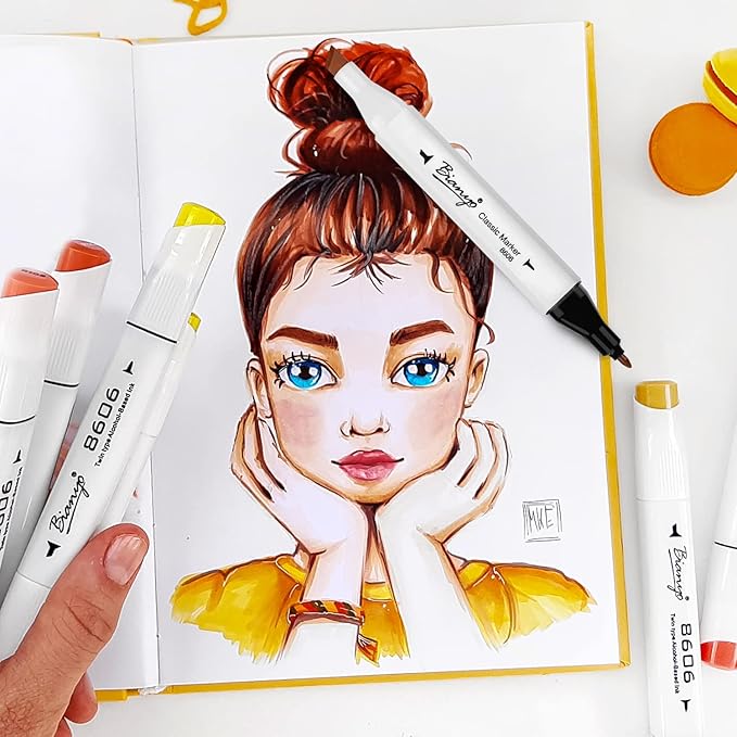 Bianyo 12 Skin Tone Alcohol Markers, Dual Tip Fine & Chisel Markers for Coloring, Portrait Drawing, Sketching, Shading & Illustration Art