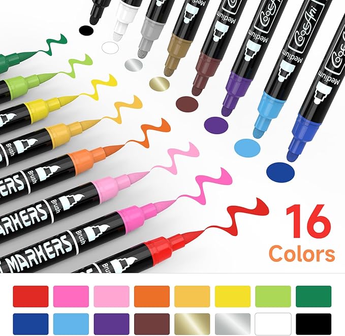 16 Colors Dual-tip Paint Marker, Brush and Medium Tip Acrylic Paint Markers for Wood,Rock Painting, Plastic, Canvas, Fabric, Glass,Mugs Almost Surface, DIY Project, Art Supplier