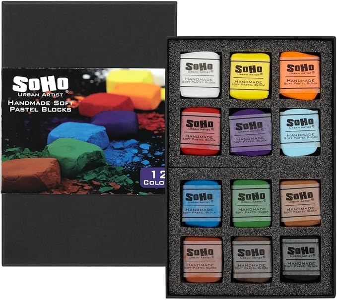 Soho Urban Artist Handmade Soft Pastel Blocks - Assorted Set of 12 Professional Pastels - Velvety Colors for Toning Paper, Large-Scale Drawings, & Layering - Lightfast and Highly Pigmented