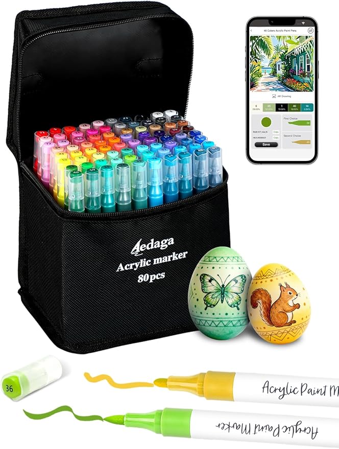 YHC 80 Colors Acrylic Paint Pens with Free App, Dual Tip Acrylic Paint Markers with Brush Tip and Fine Tip for Adults, Kids, Eggs, Wood, Rock, Canvas, Plastic, Stone, Glass, Ceramic