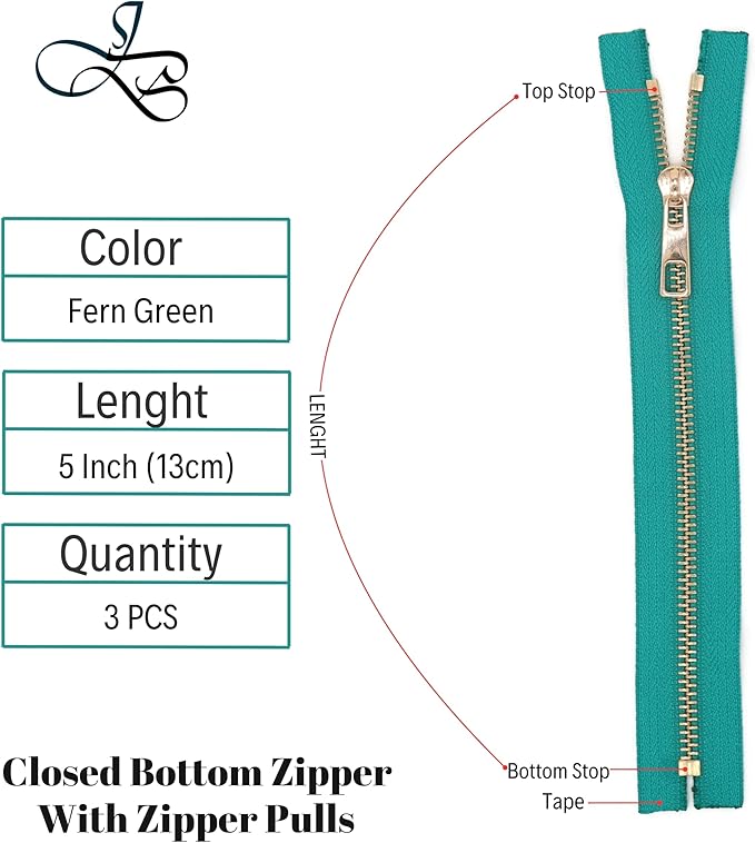 #5 Gold Metal Zipper - 50+ Colors - 3 PCS - (4-14 inches) Sizes - Luxury Lightweight Handcraft Metal Zippers with pulls for Purses Bags Pockets Shoes Sewing & Crafts DIY ZP02345