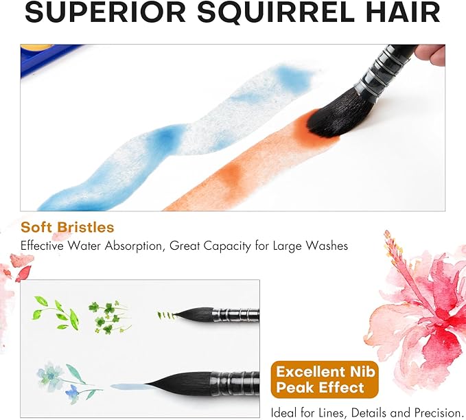Professional Watercolor Brush, Fuumuui Natural Squirrel Hair Mop Brush, Round Quill Detail Fine Tip Watercolor Paint Brush for Water Color Gouache Ink Painting - Sizes #12
