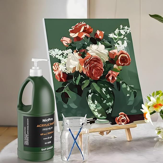 Nicpro Sap Green Large Acrylic Paint Set (69 oz, 2040 ml) Rich Art Painting Supplies Non Toxic for Multi Surface, Canvas, Wood, Leather, Fabric Stone Craft, for Beginner & Artist with Pump