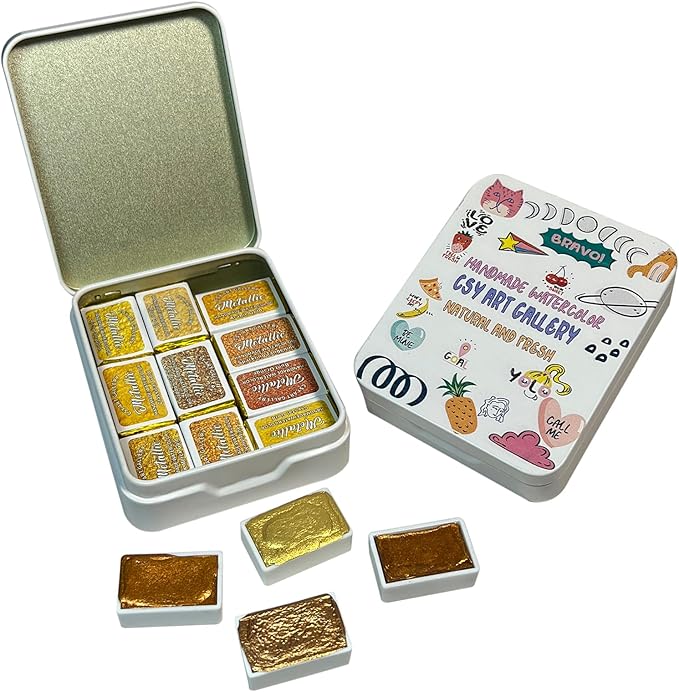 CSY art gallery Gold Handmade Mica Watercolor Paint Set in Tin Case Metallic Full Pans Water Color Sparkly, Shimmer, Glitter for Artists in Hand Lettering, Junk Journaling, Painting(Set 1)