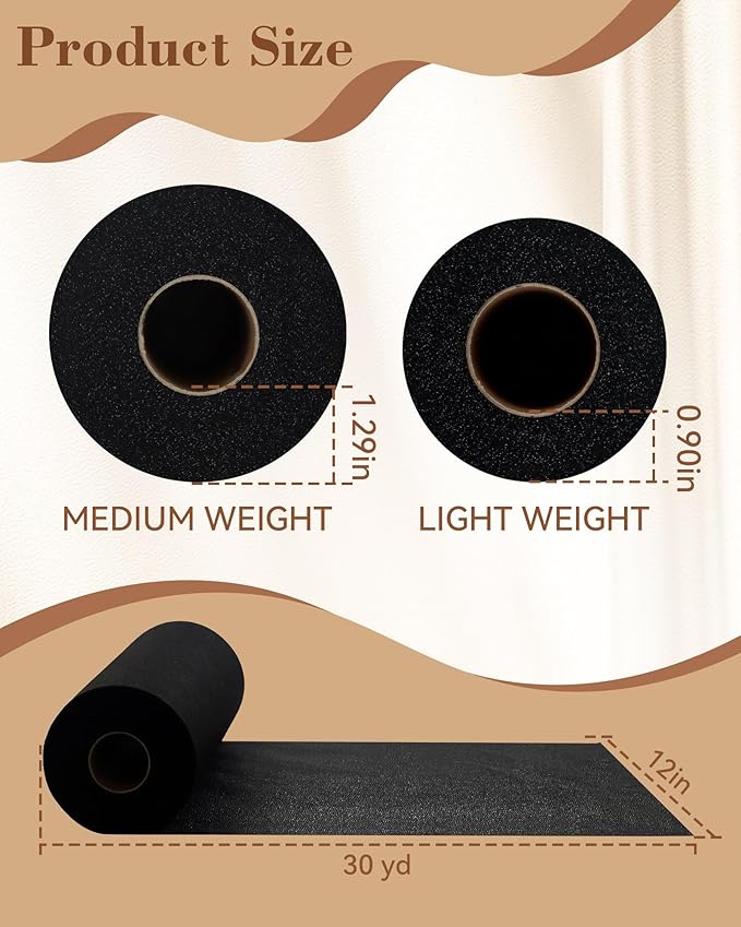 FIVEIZERO Light Weight Black Iron-On Non-Woven Fusible Interfacing: 12in x 30yd Light Weight Non-Woven Interfacing Iron On Polyester Single-Sided Interfacing for DIY Crafts Supplies