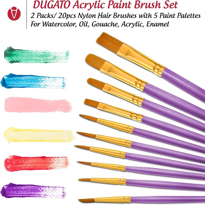 Paint Brushes Palettes Set by DUGATO, 2 Packs/20pcs Round Pointed Tip Nylon Hair Brushes with 5 Paint Trays for Acrylic Watercolor Oil Gouache Tempera and Body Painting (Purple)