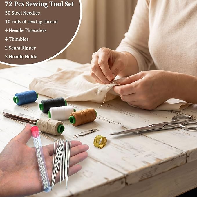 70pcs Big Eye Steel Sewing Needles kit，Needle Threader and Hand Sewings Set, Portable Travel Working,DIY Crafting Kit