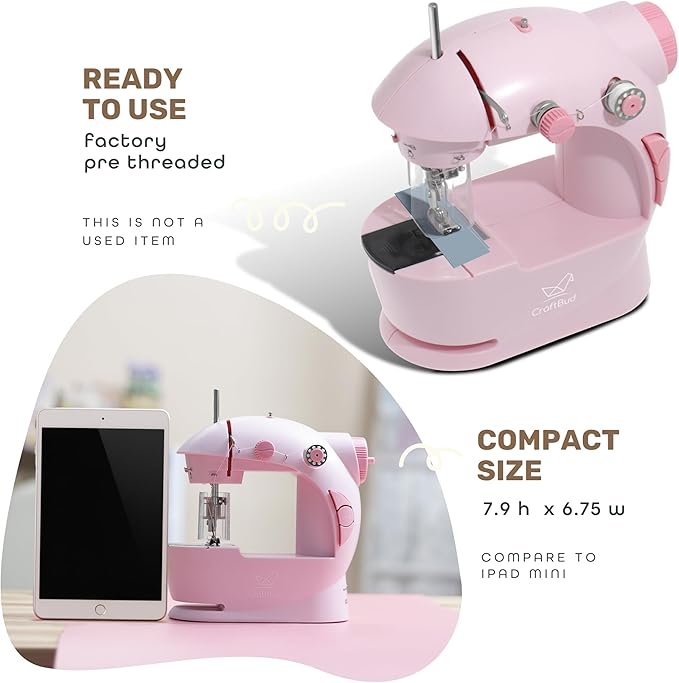 CraftBud Mini Sewing Machine for Beginners, Dual Speed Small Portable Sewing Machine for Kids and Adults with Extension Table, 48 Piece Gift Set Includes, Pedal, Projects Book, Light and More, Pink