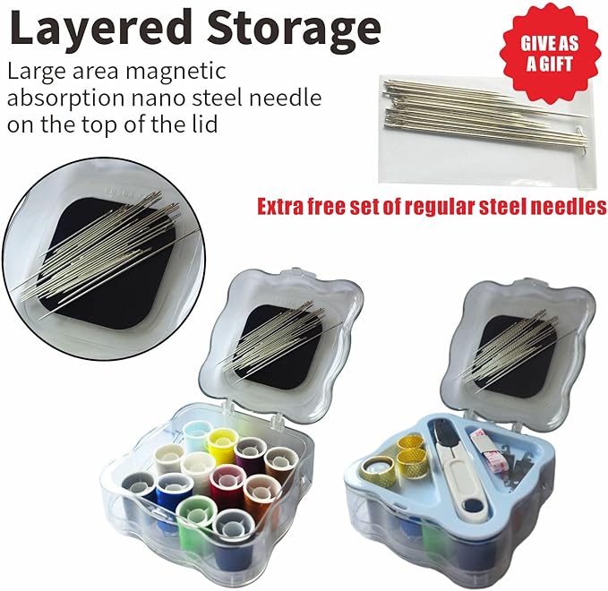 WHNICUST 46PCS Big Eye Stainless Steel Sewing Needles Kit, Hand Quilting Set with Threader and Thimble, Long Thin Needles for DIY Sewing