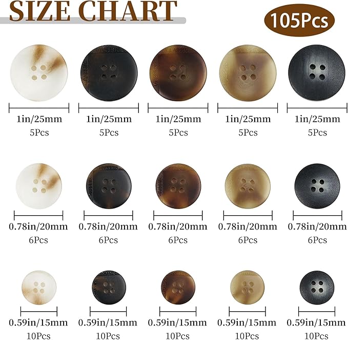 105Pcs Mixed Sewing Buttons,5 Color 4-Hole Craft Buttons,3 Size (15mm, 20mm, 25mm) Sewing Buttons for Clothes, Suitable for for DIY Crafts, Coats, Shirts, Pants, Shorts（Color7）