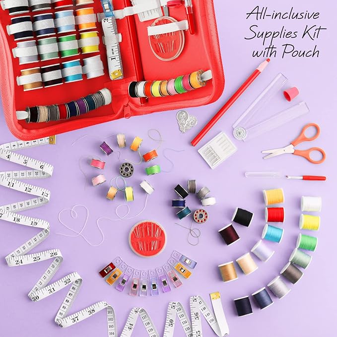 Hearth & Harbor Mini Sewing Machine for Beginners, Dual Speed Small Portable Sewing Machine for Kids and Adults with Extension Table, 122 Piece Gift Set Includes, Fabrics, Project Book and More, Red
