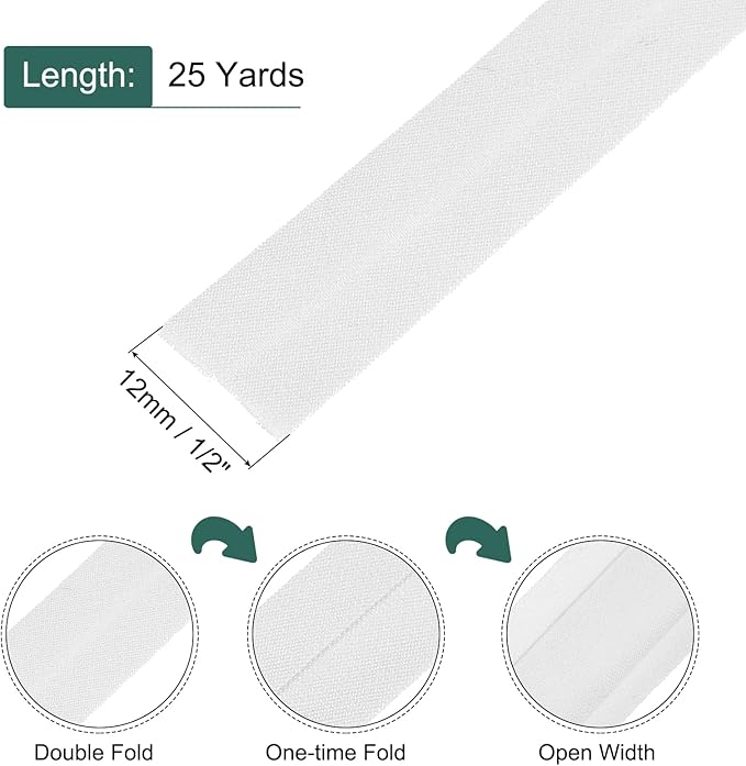 MECCANIXITY 1/2 Inch Single Fold Bias Tape Cotton Continuous Bulk Bias Tape for Sewing,Seaming Quilting Hemming Binding Crafts (White 25 Yards)