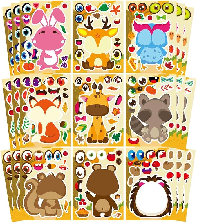 27 Sheets Fall Stickers for Kids Toddles, Make a Face Stickers, Make Your Own Autumn Animal Stickers, Fall Theme Party Supplies Crafts