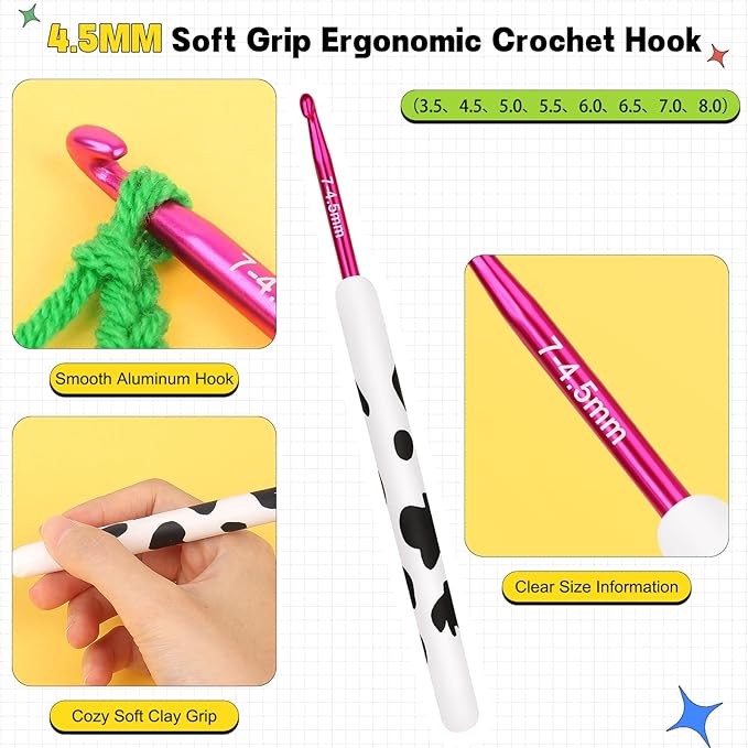 Katech Ergonomic Crochet Hook, Aluminum Soft Grip Crochet Hooks for Beginners and Arthritic Hands, Soft Clay Crochet Needle with Cow Motif and Bead Chain-Ideal Gift for Crocheter (4.5mm)